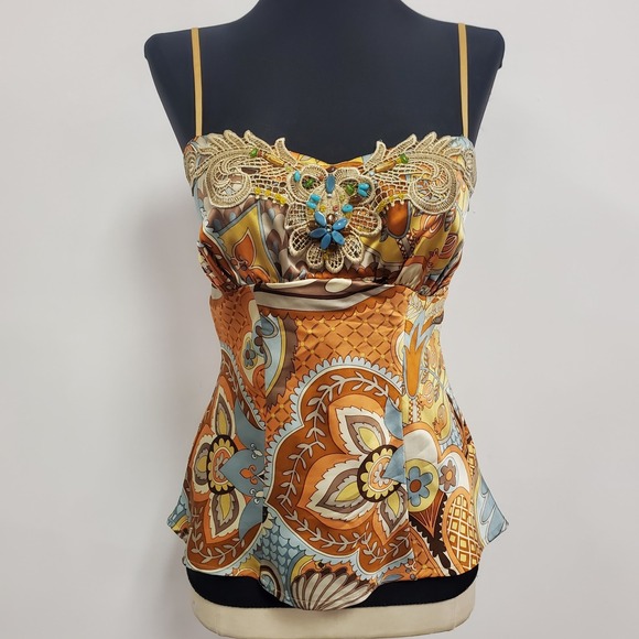 Anna Paul Vintage Y2K Silk Babydoll Cami Top Size XS Beaded Scarf Print Fairy - Picture 1 of 10